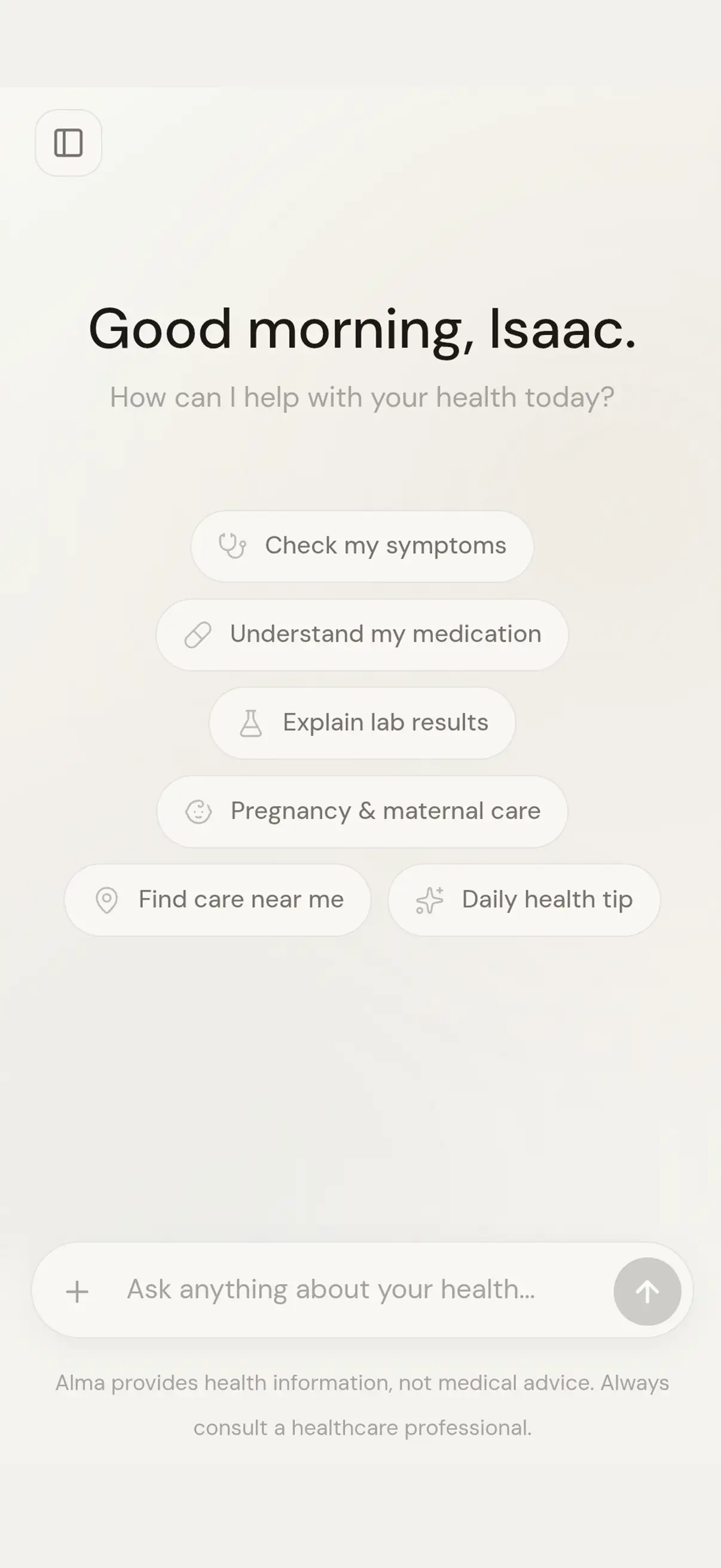 Alma's consumer app: home screen with health conversations and tips
