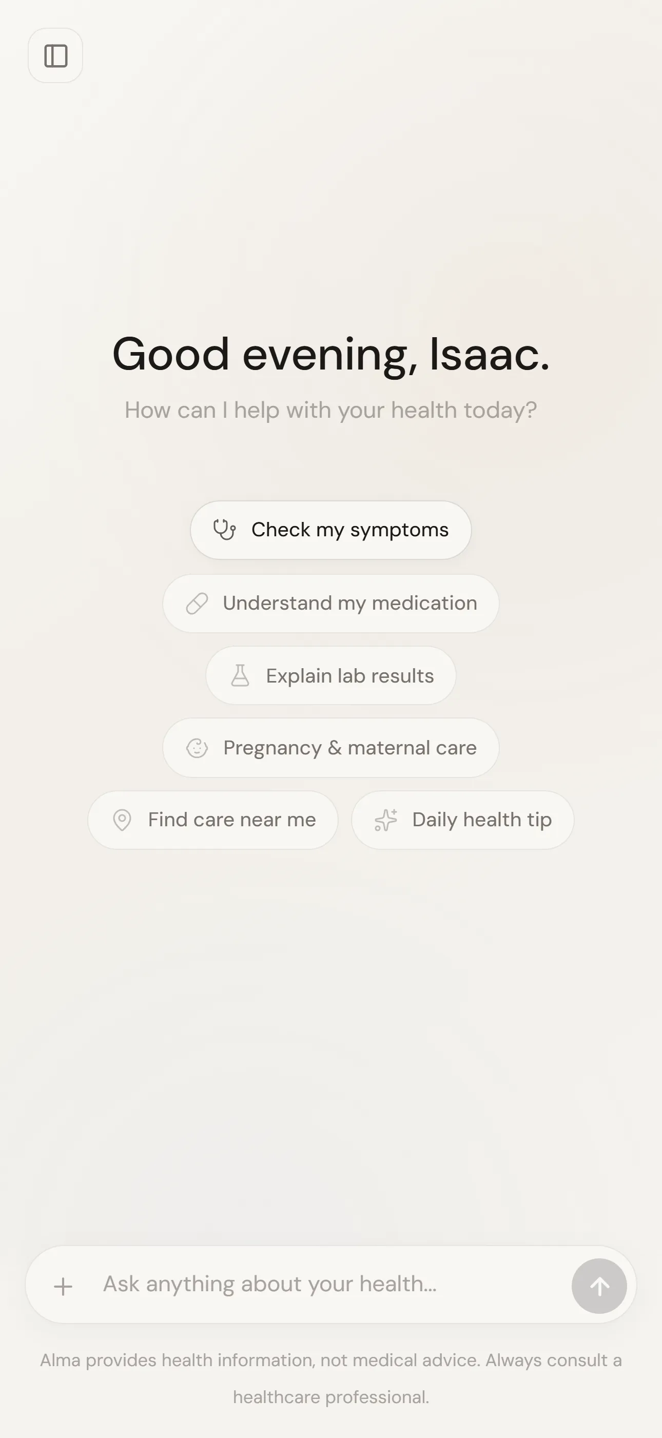 Alma open on a phone, greeting the reader by name under the question “How can I help with your health today?”, above prompts for checking symptoms, understanding medication, explaining lab results, pregnancy and maternal care, finding care nearby and a daily health tip. A footer reads that Alma provides health information, not medical advice.